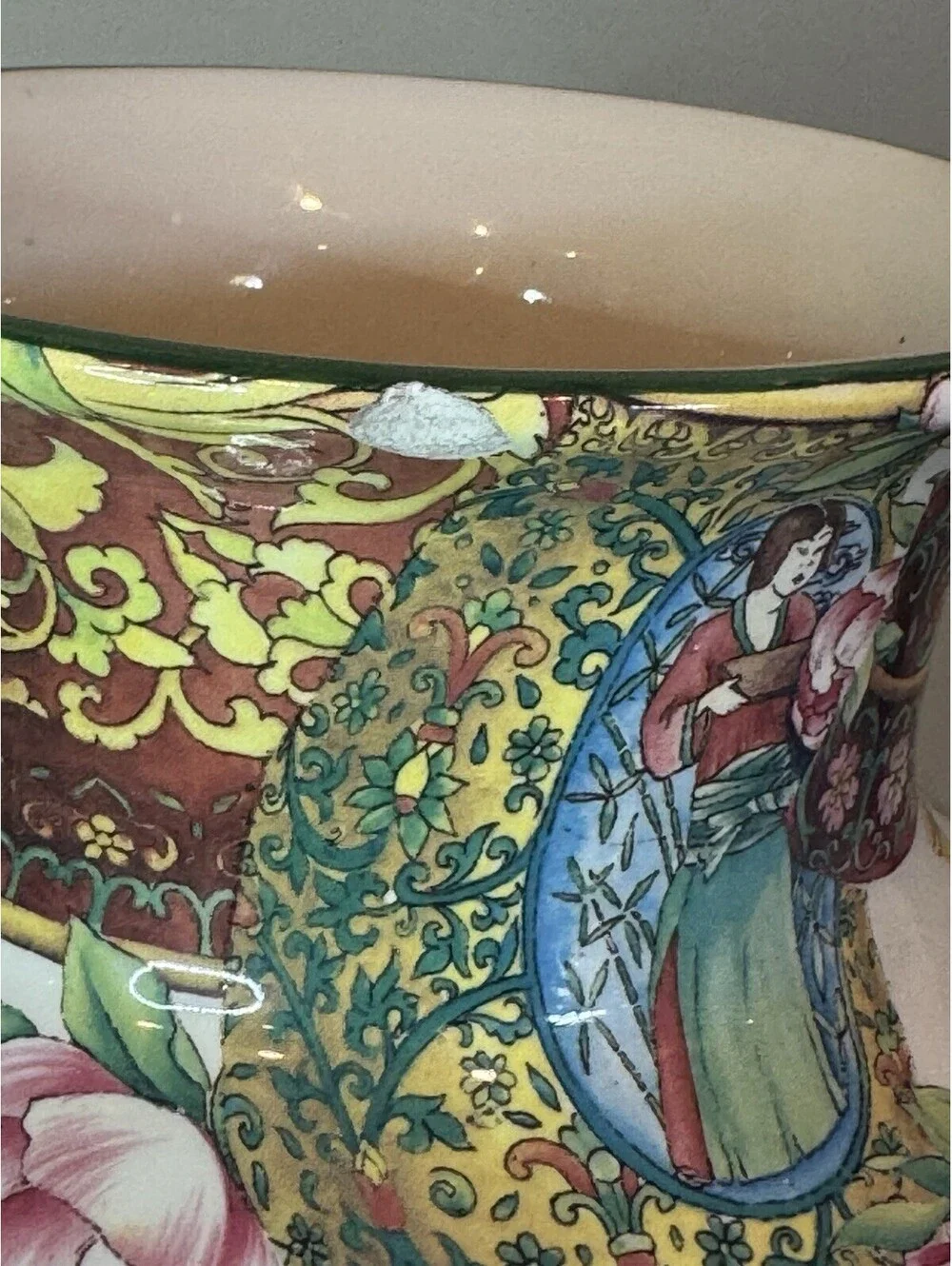 Hand Painted Rose Medallion Porcelain Vase 13”h x 7